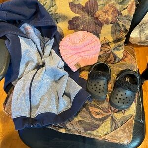 Cat & Jack jacket, crocks sandals, hat